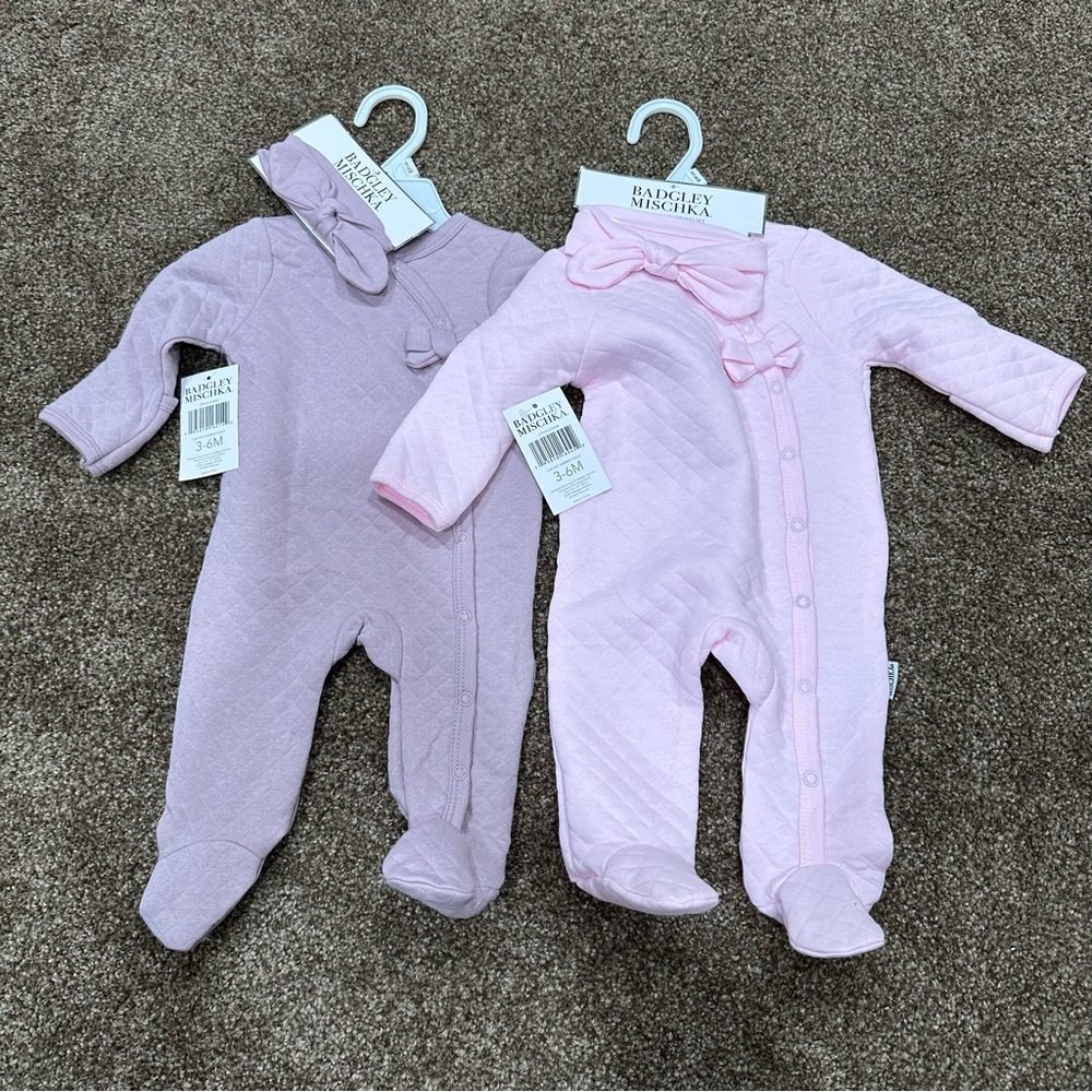 Lot of 2 Badgley Mishka Baby Girl Bodysuit & Headband Set Size 3-6 months NWT